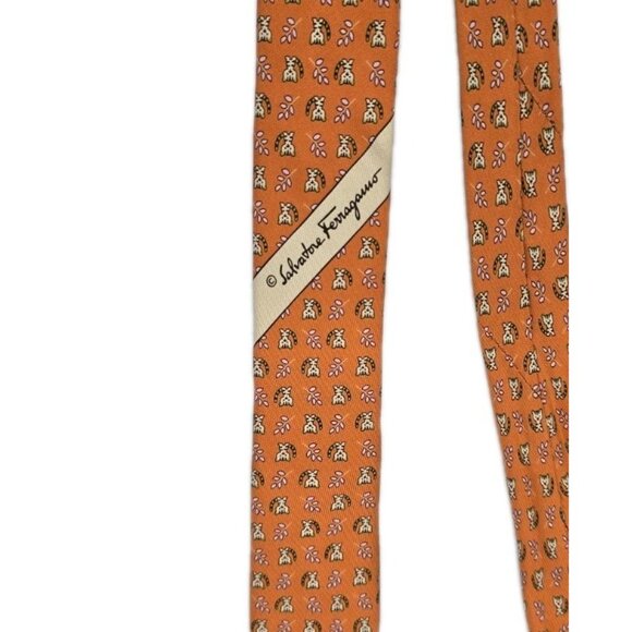 SALVATORE FERRAGAMO Made in Italy TIGER All Over Print Orange Silk Necktie Tie - Picture 4 of 7